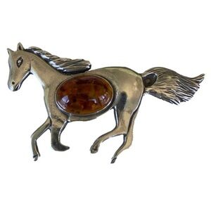 VINTAGE Galloping Horse Brooch with Amber Belly OS